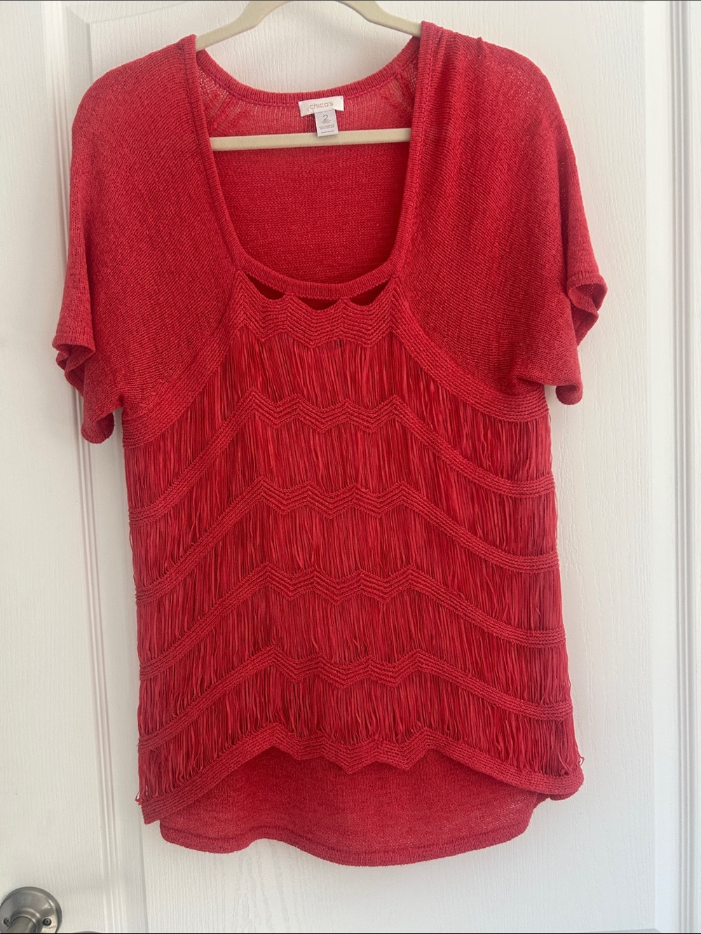 Gorgeous Chico's coral orange  Fringe Short-Sleeve Knit Tunic size 2